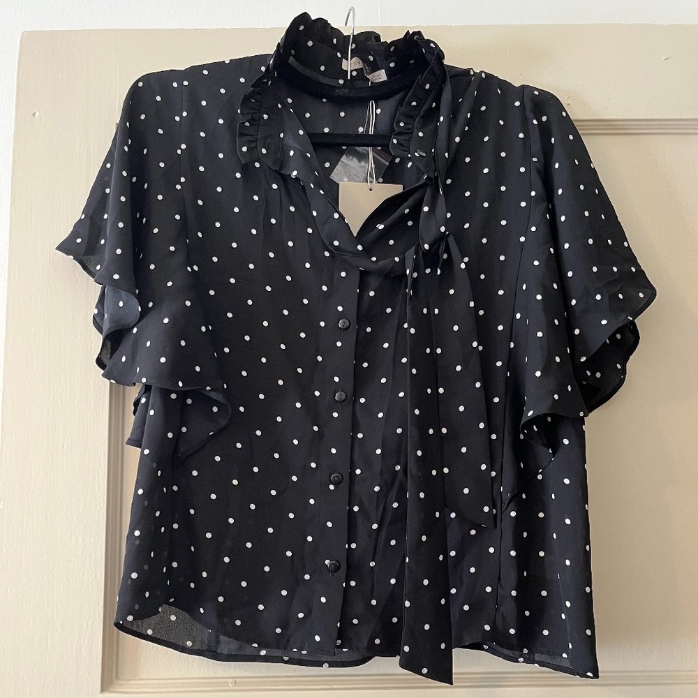 Vintage Style Black & White Dot Butterfly Sleeve Blouse NWT